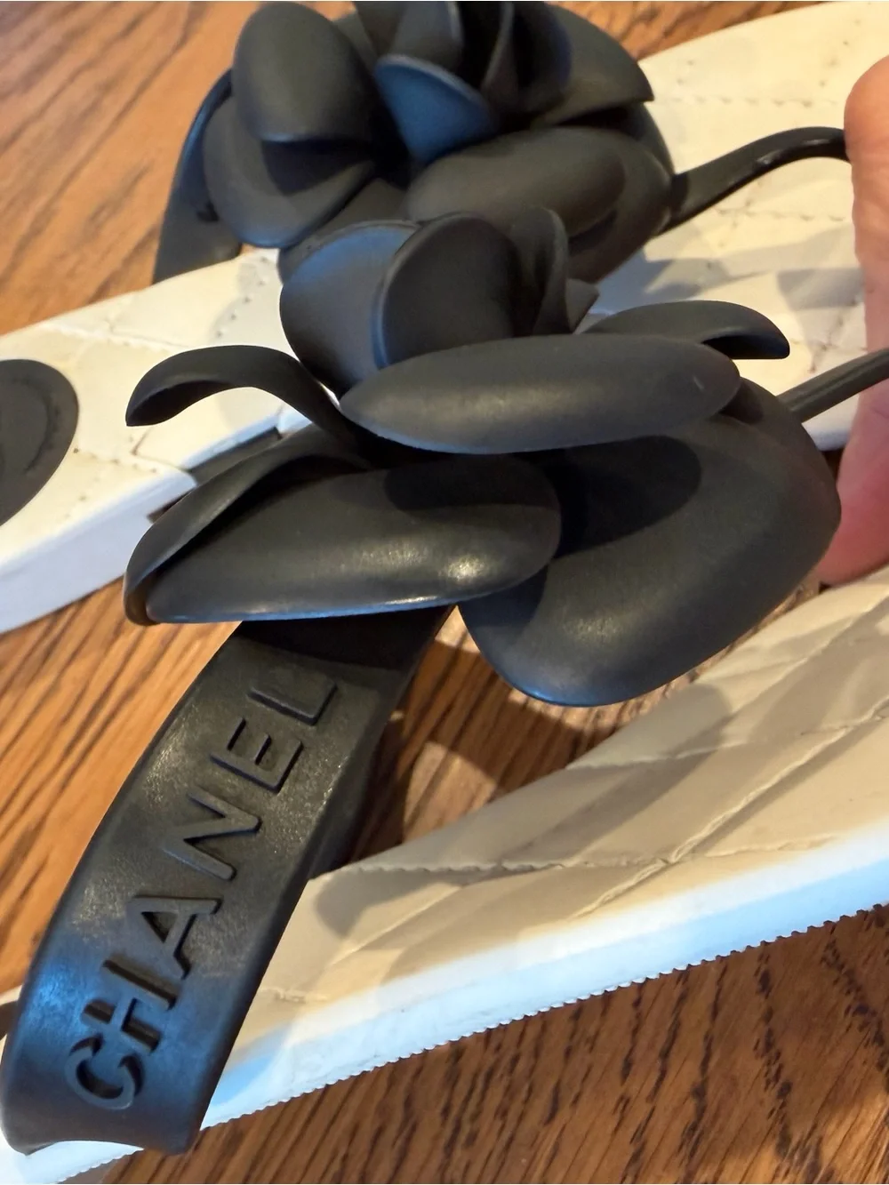 CHANEL Camellia Flower Thong Sandals Black White Size 37